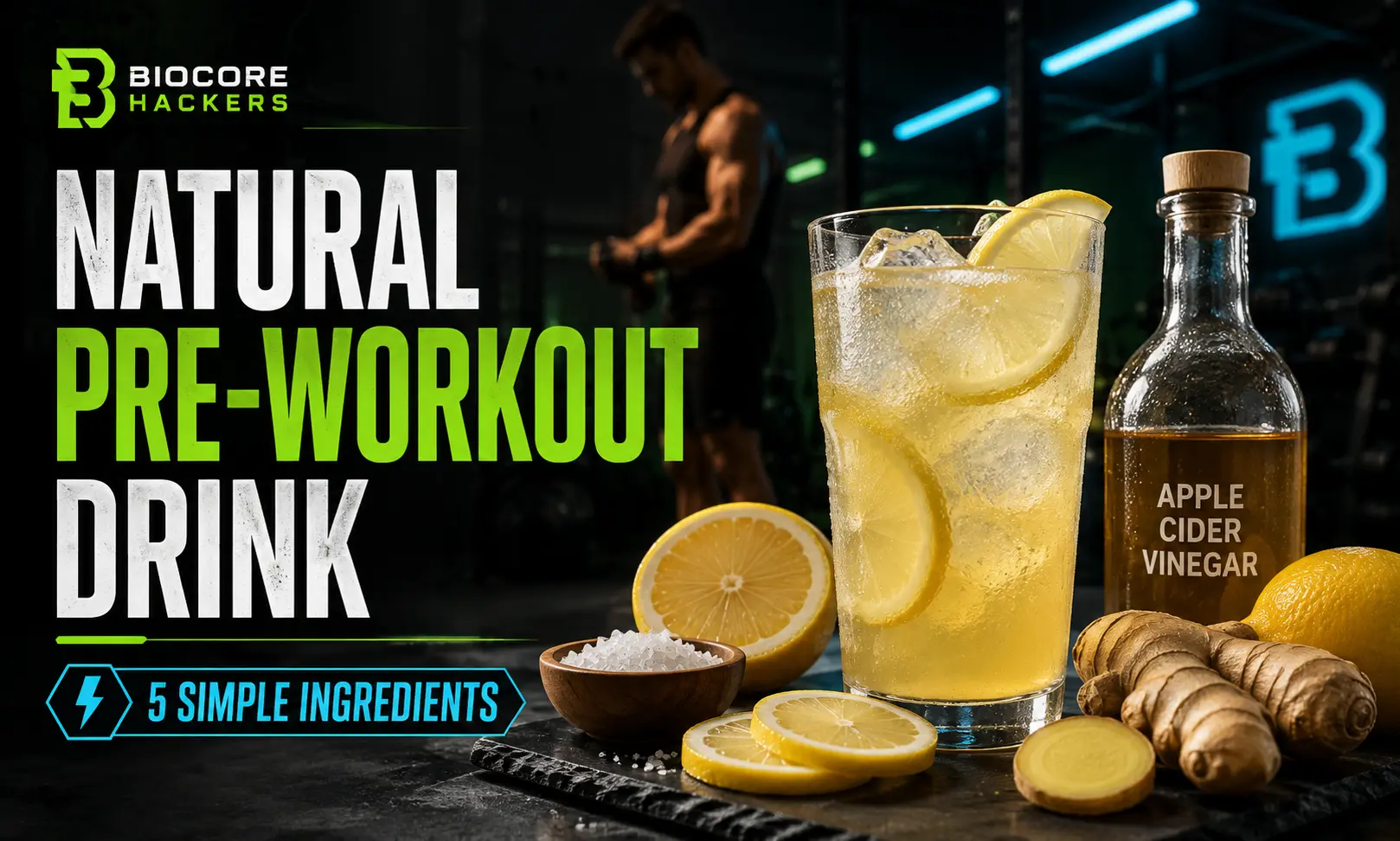 Natural pre-workout drink with lemon, salt, ginger, and apple cider vinegar