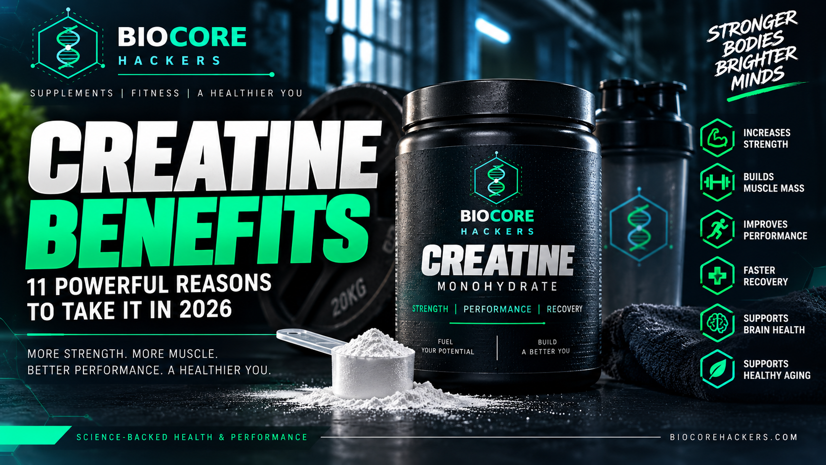 Creatine benefits for strength, muscle growth, performance, recovery and brain health